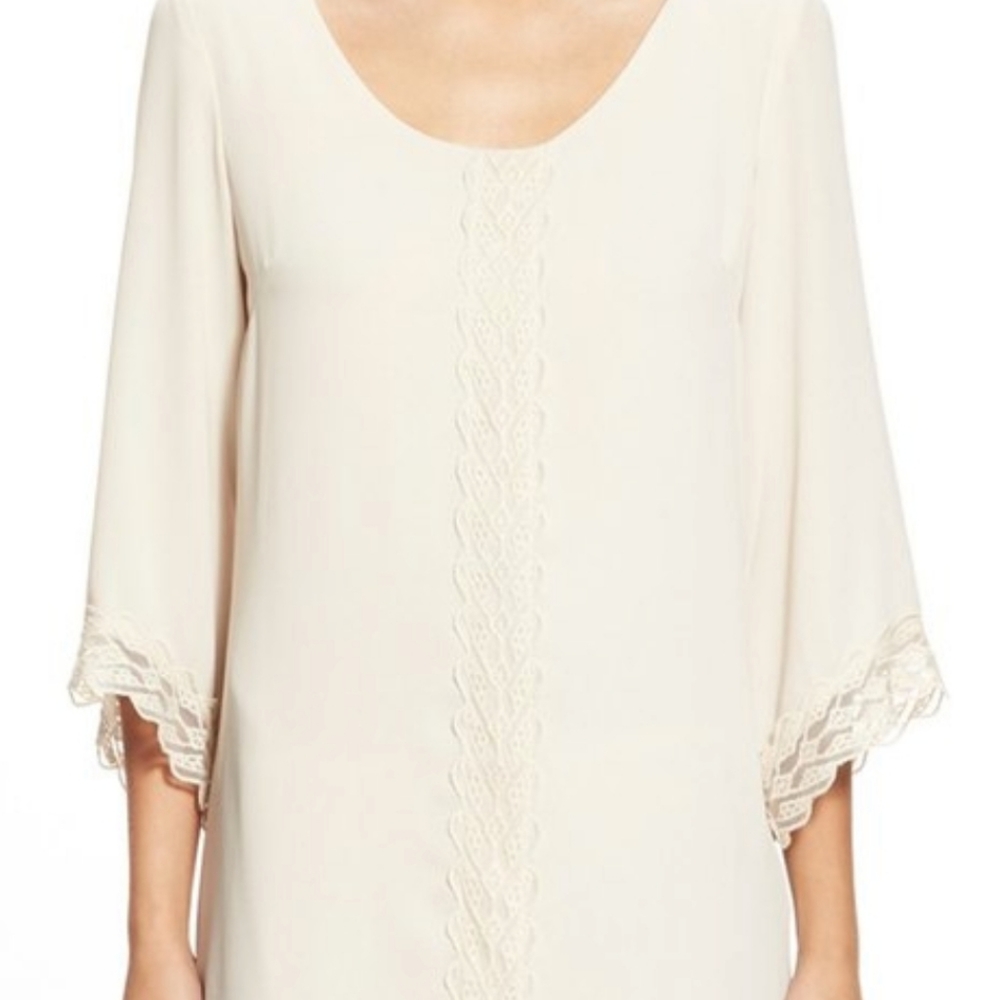 ASTR Women's Lace Trim Beige Cream 3/4 Sleeves Flowy Shift Dress sz S